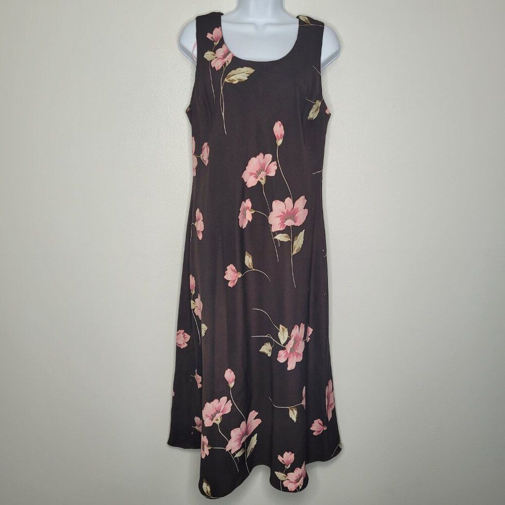 Studio I brown pink flower print modest church midi maxi sleeveless dress 14